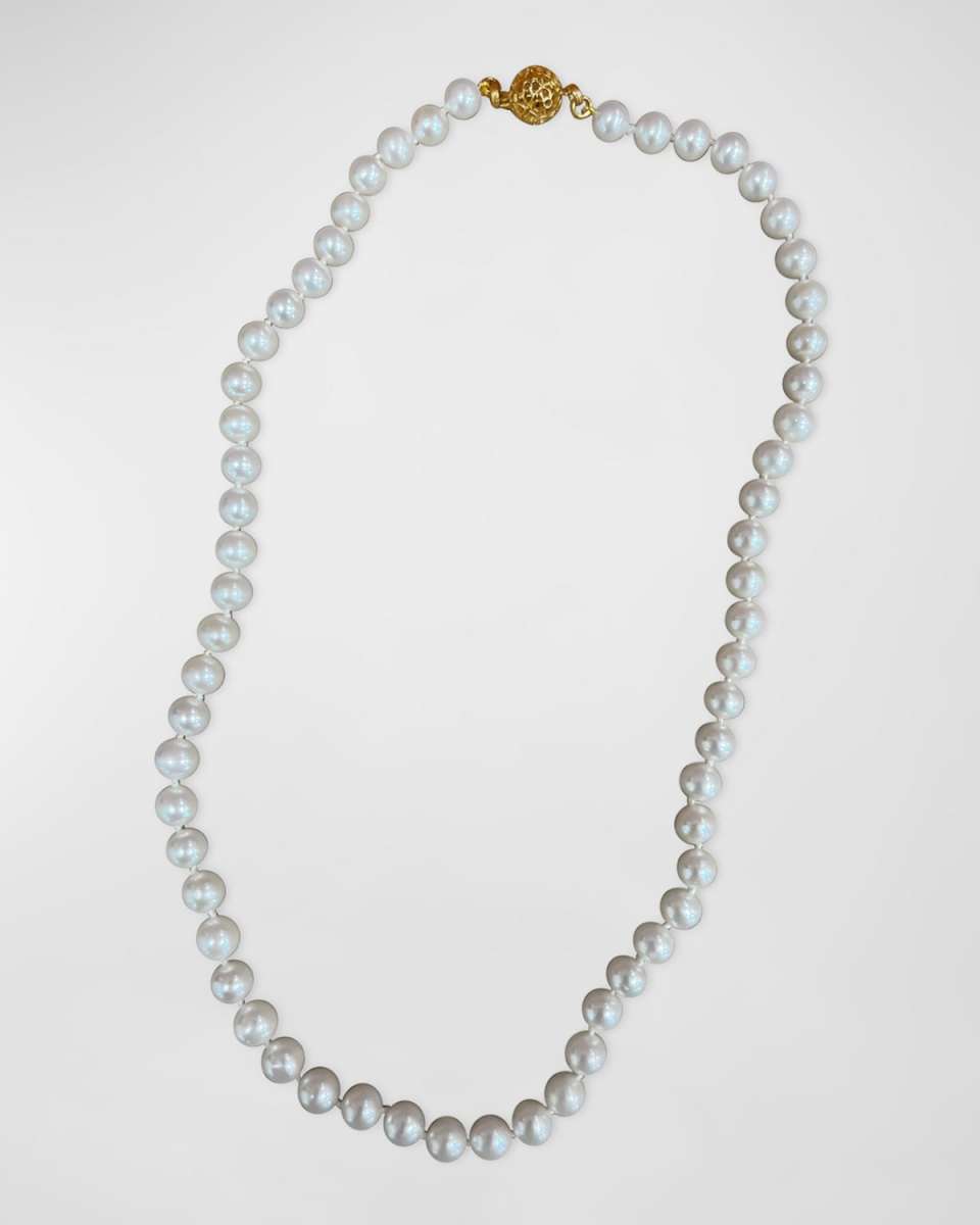 White Pearl Necklace with Signature Flower Clasp in 18K Gold